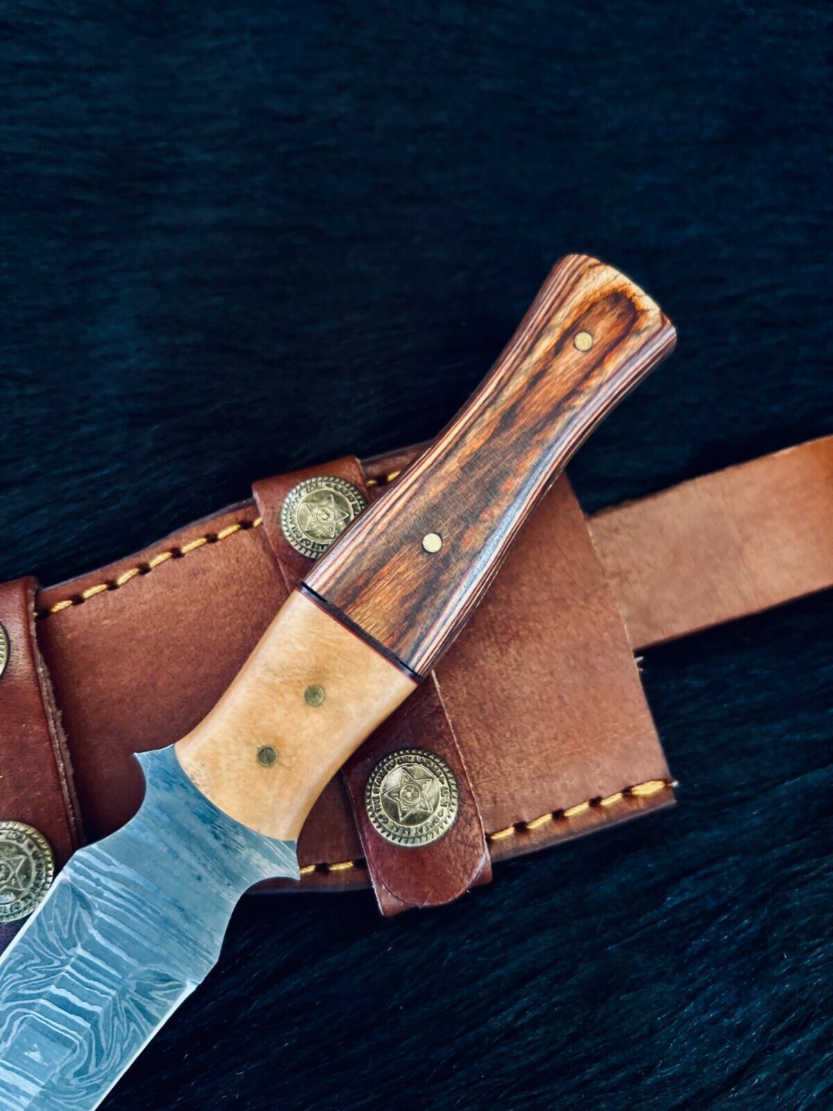 Heritage Forge 10.5 Inch Custom Handmade Fire Damascus Steel Dagger Knife with Camel Bone and Wood Handle