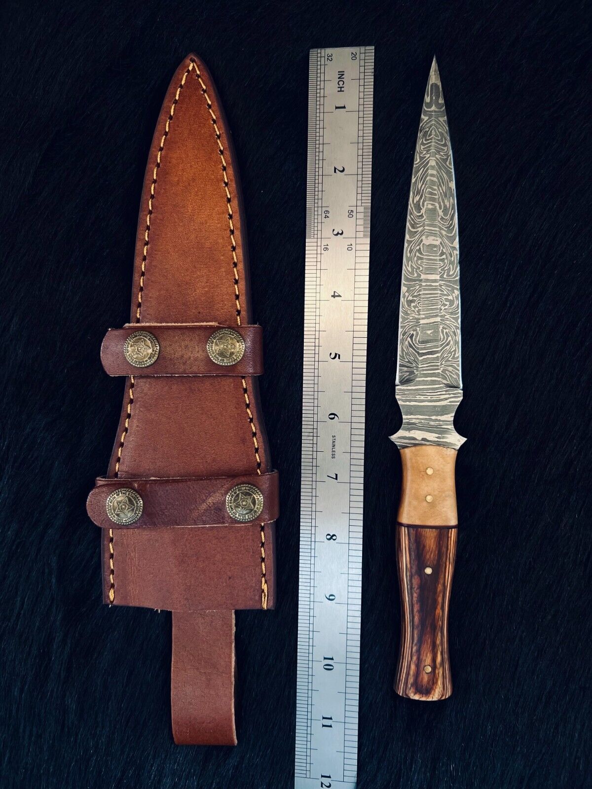 Heritage Forge 10.5 Inch Custom Handmade Fire Damascus Steel Dagger Knife with Camel Bone and Wood Handle