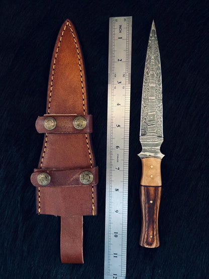 Heritage Forge 10.5 Inch Custom Handmade Fire Damascus Steel Dagger Knife with Camel Bone and Wood Handle