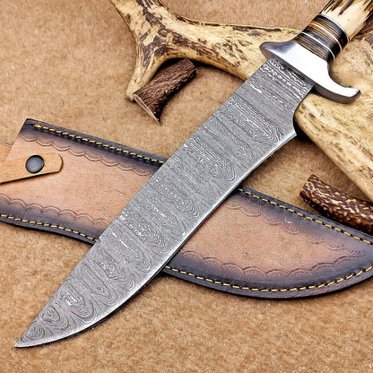 Custom Handmade Damascus Steel Bowie Knife with Stag Antler Handle