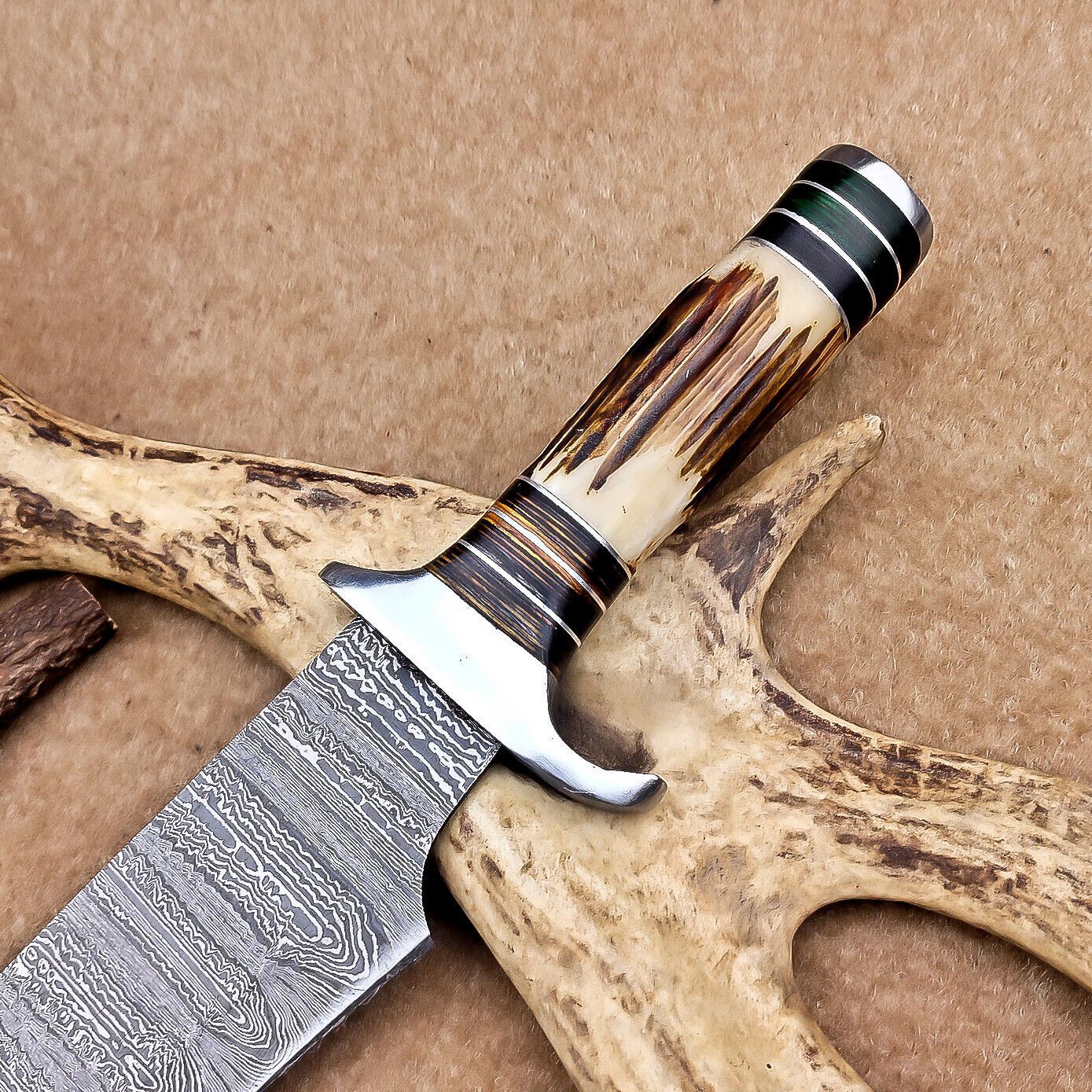 Custom Handmade Damascus Steel Bowie Knife with Stag Antler Handle