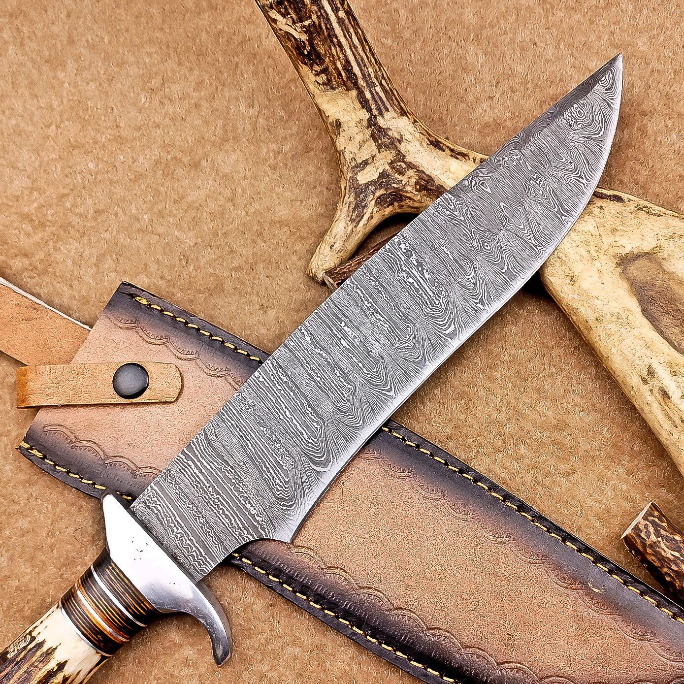 Custom Handmade Damascus Steel Bowie Knife with Stag Antler Handle