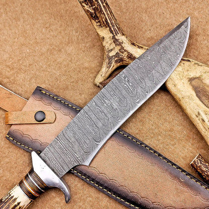 Custom Handmade Damascus Steel Bowie Knife with Stag Antler Handle