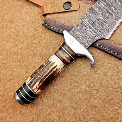 Custom Handmade Damascus Steel Bowie Knife with Stag Antler Handle