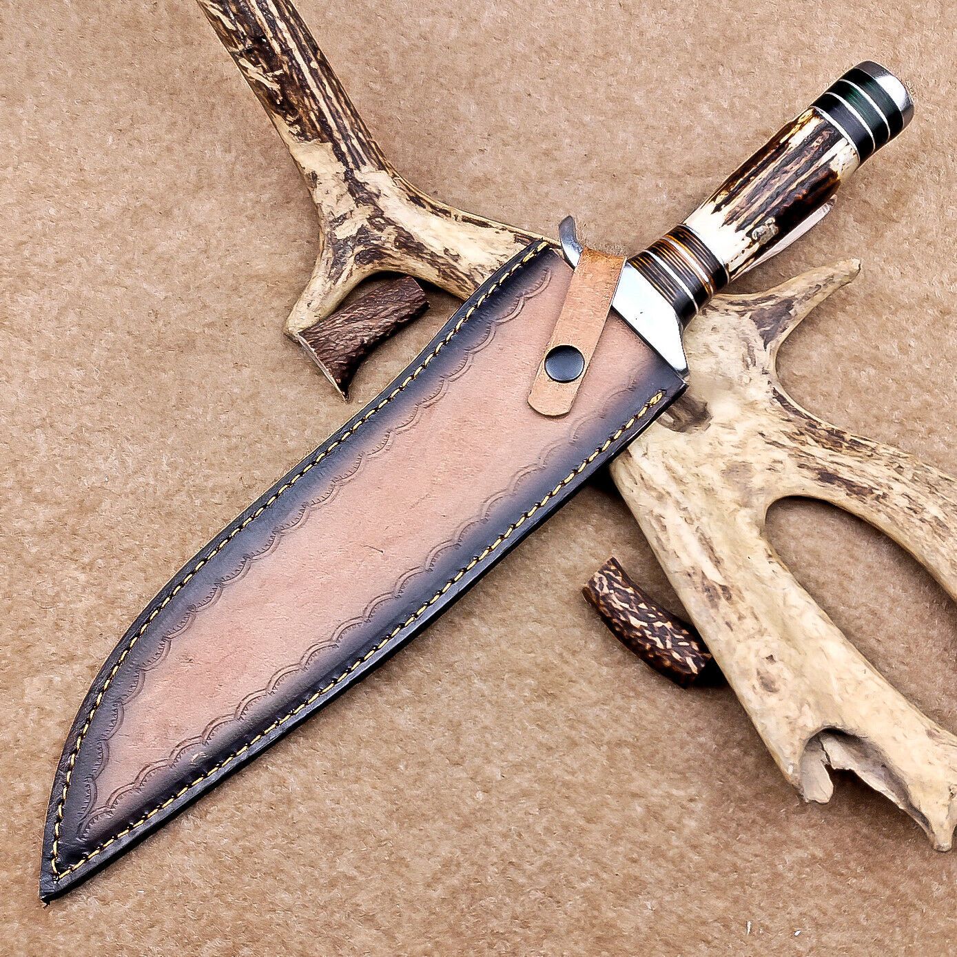 Custom Handmade Damascus Steel Bowie Knife with Stag Antler Handle