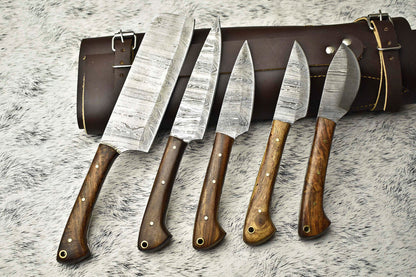 Lot Of 5 Handmade Damascus Blade Chef Set Knife | Leather Bag