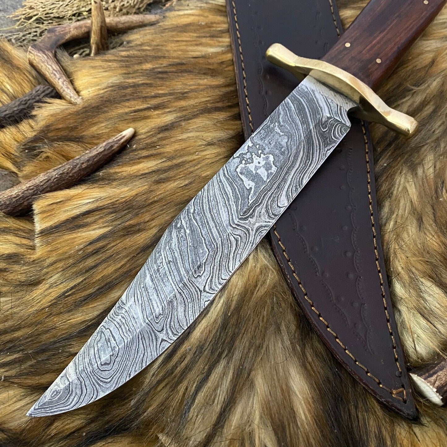 Heritage Forge Full Tang Damascus Steel Bowie Knife Rosewood Handle Hunting Blade
