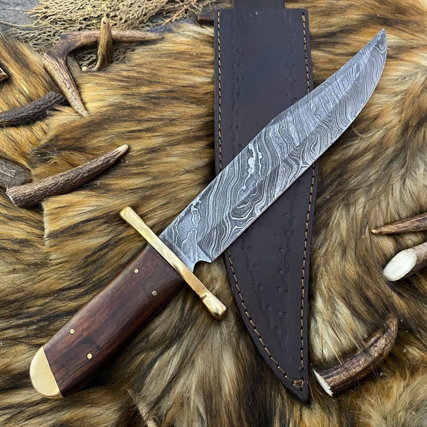 Heritage Forge Full Tang Damascus Steel Bowie Knife Rosewood Handle Hunting Blade