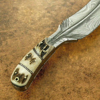 11" Custom Damascus Bowie Knife with Stag Antler Handle – Full Tang Hand Forged Hunting Blade
