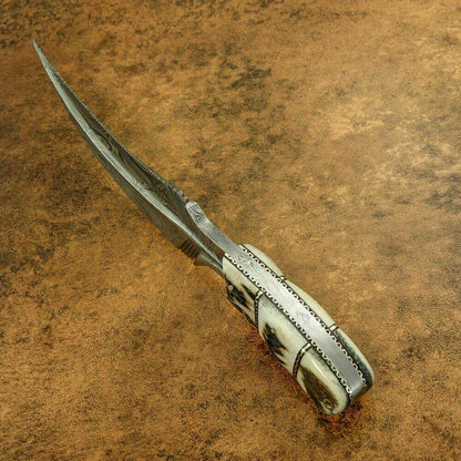 11" Custom Damascus Bowie Knife with Stag Antler Handle – Full Tang Hand Forged Hunting Blade