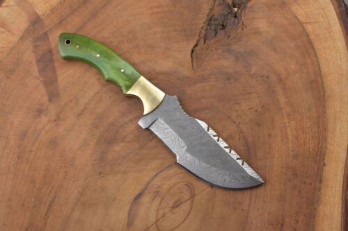 Handmade Damascus Steel Hunting & Camping Tracker Knife | Camel Bone & Brass Handle