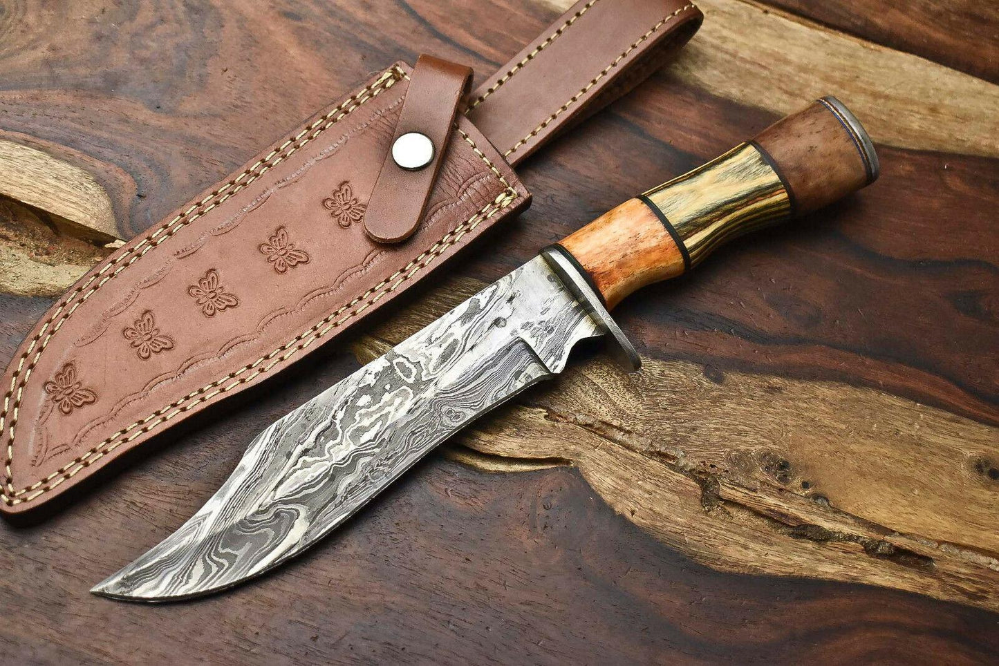 12" Handmade Damascus Bowie Knife – Hardwood Handle & 384-Layer Blade