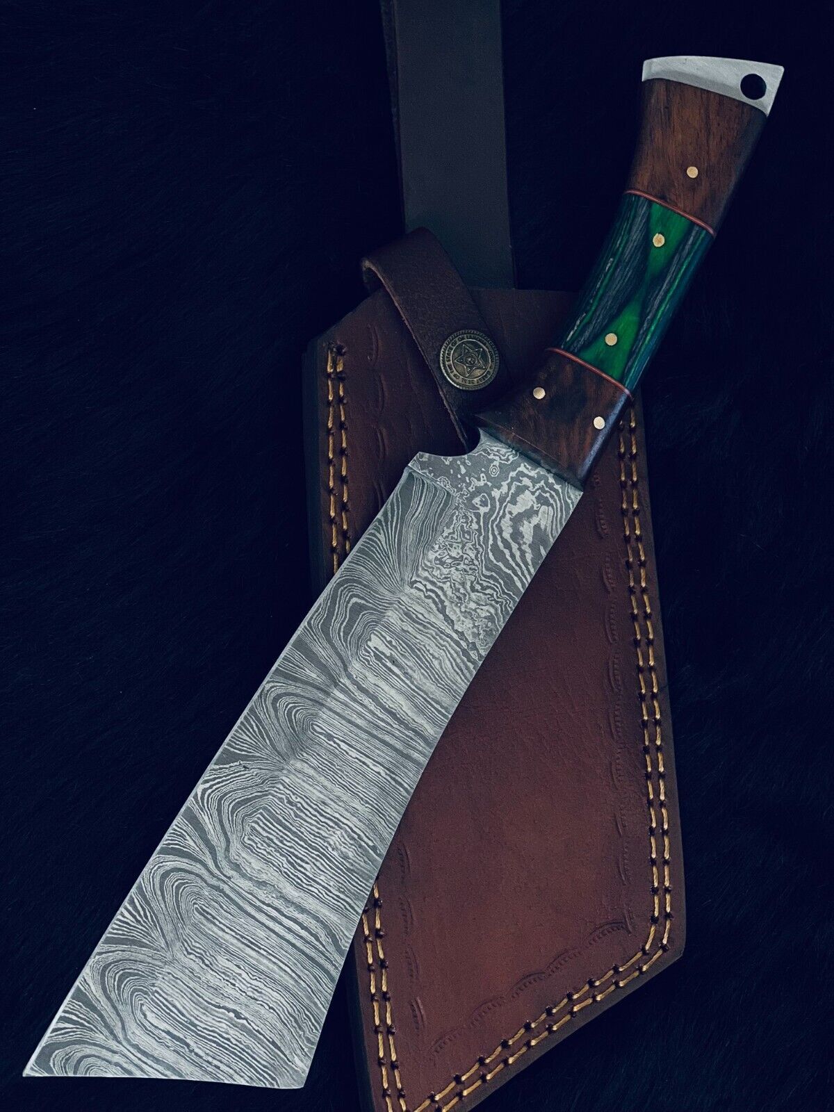 12" Damascus Steel Machete Knife with Camel Bone & Wood Handle – Custom Handmade Hunting Blade