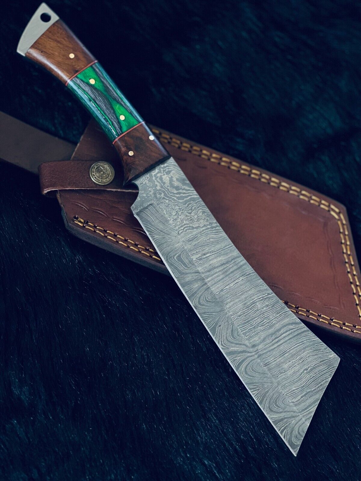 12" Damascus Steel Machete Knife with Camel Bone & Wood Handle – Custom Handmade Hunting Blade