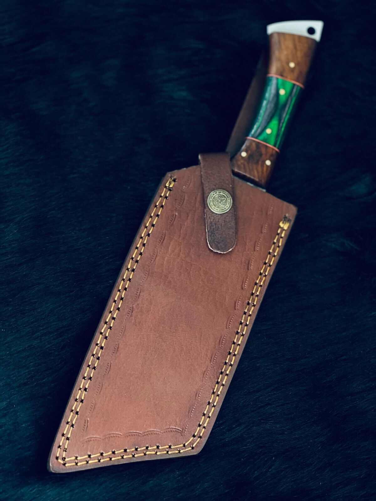 12" Damascus Steel Machete Knife with Camel Bone & Wood Handle – Custom Handmade Hunting Blade
