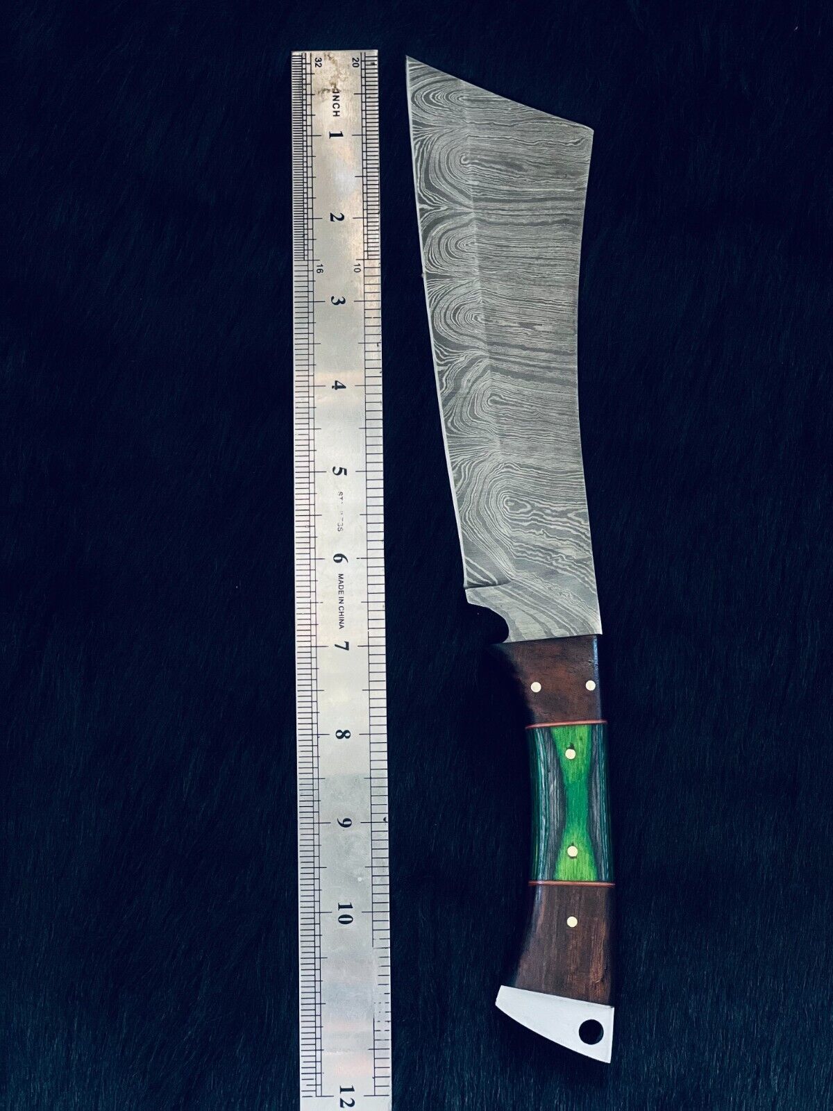 12" Damascus Steel Machete Knife with Camel Bone & Wood Handle – Custom Handmade Hunting Blade