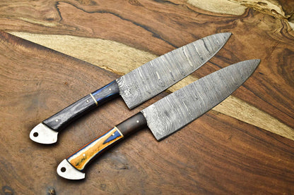 Set of 2 Handmade Damascus Steel Chef Knives – Professional Cutlery Kitchen Knife Set
