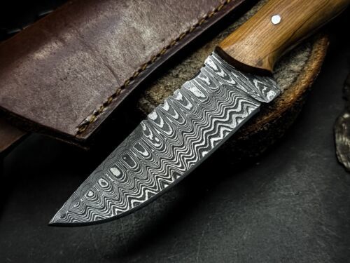 Handmade Damascus Steel Hunting Survival Knife, Wood Handle, Leather Sheath