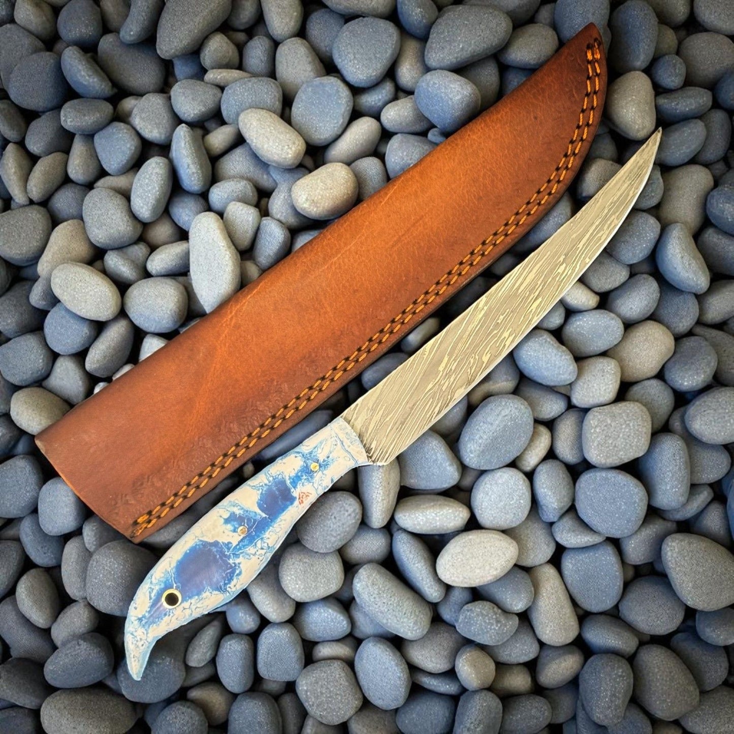 Custom Handmade 12 Inch Damascus Fillet Knife with Leather Sheath