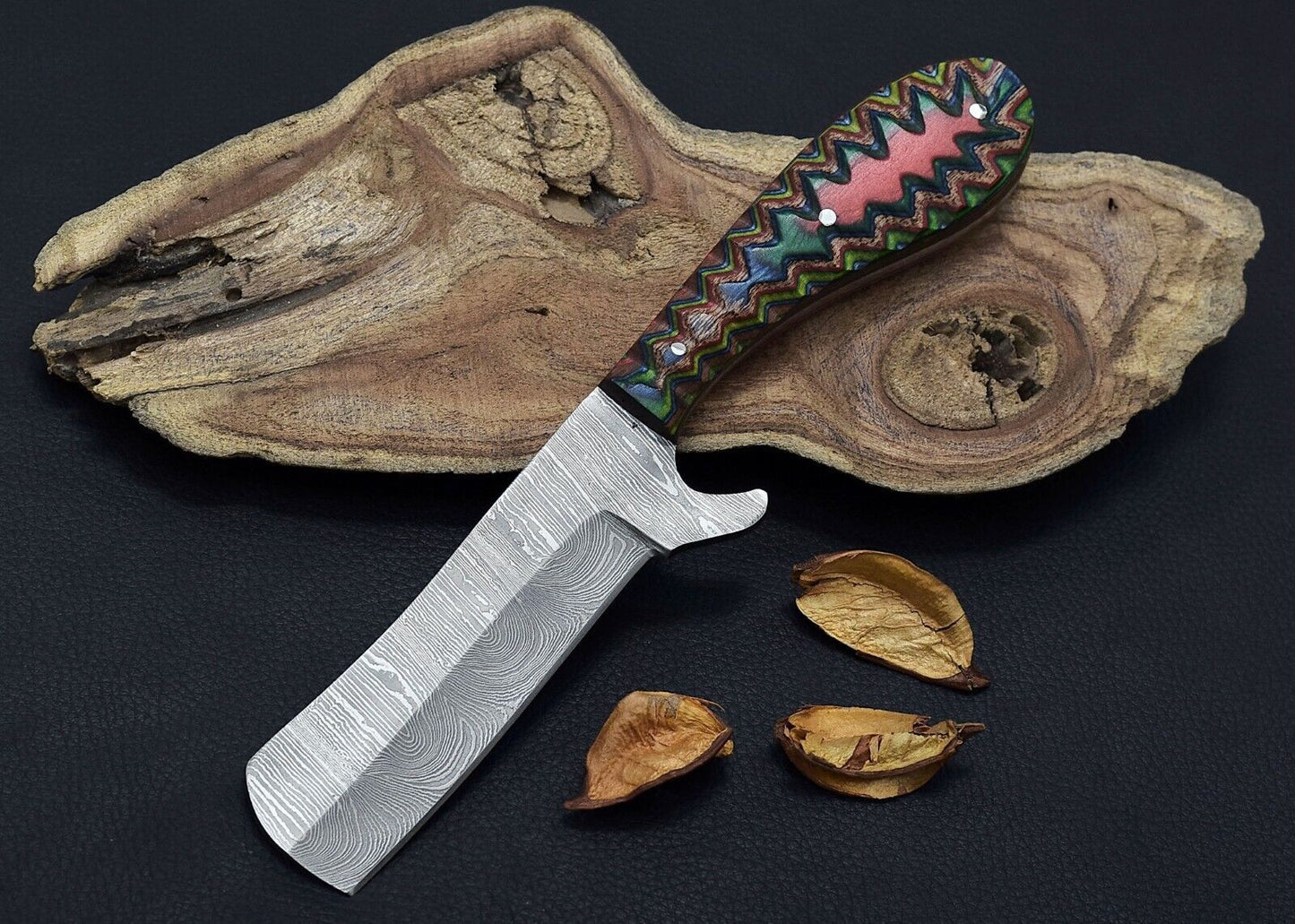 Hand Forged Damascus Steel Bull Cutter Knife Custom Cowboy Bull Cutter Knife with Dollar Sheet Handle