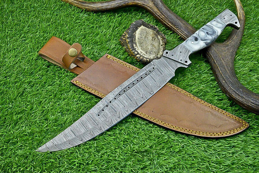 16 Inch Damascus Bowie Knife with Resin Handle and Forged Damascus Bolster for Hunting and Camping