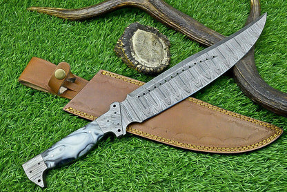16 Inch Damascus Bowie Knife with Resin Handle and Forged Damascus Bolster for Hunting and Camping