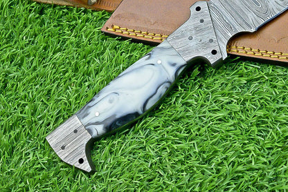 16 Inch Damascus Bowie Knife with Resin Handle and Forged Damascus Bolster for Hunting and Camping