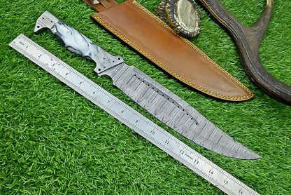 16 Inch Damascus Bowie Knife with Resin Handle and Forged Damascus Bolster for Hunting and Camping