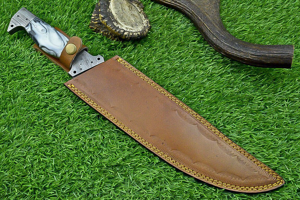 16 Inch Damascus Bowie Knife with Resin Handle and Forged Damascus Bolster for Hunting and Camping