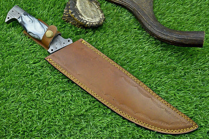 16 Inch Damascus Bowie Knife with Resin Handle and Forged Damascus Bolster for Hunting and Camping