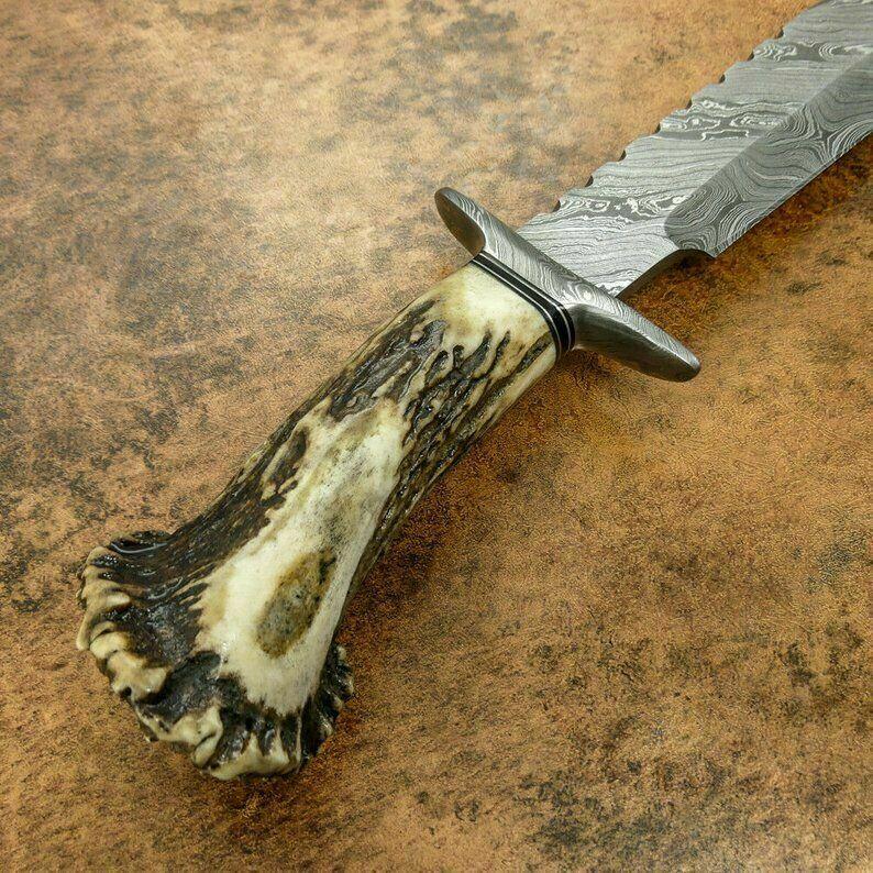 Custom Damascus Bowie Hunting Knife – 15" with Stag Crown Antler Handle & Damascus Guard