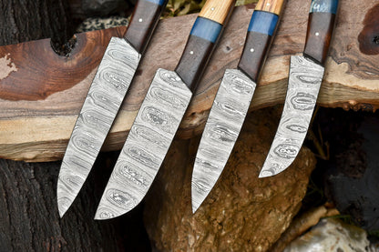 Lot of 4 Handmade Damascus Steel Chef Knife Set | Walnut Wood Handle | Professional Kitchen Knives