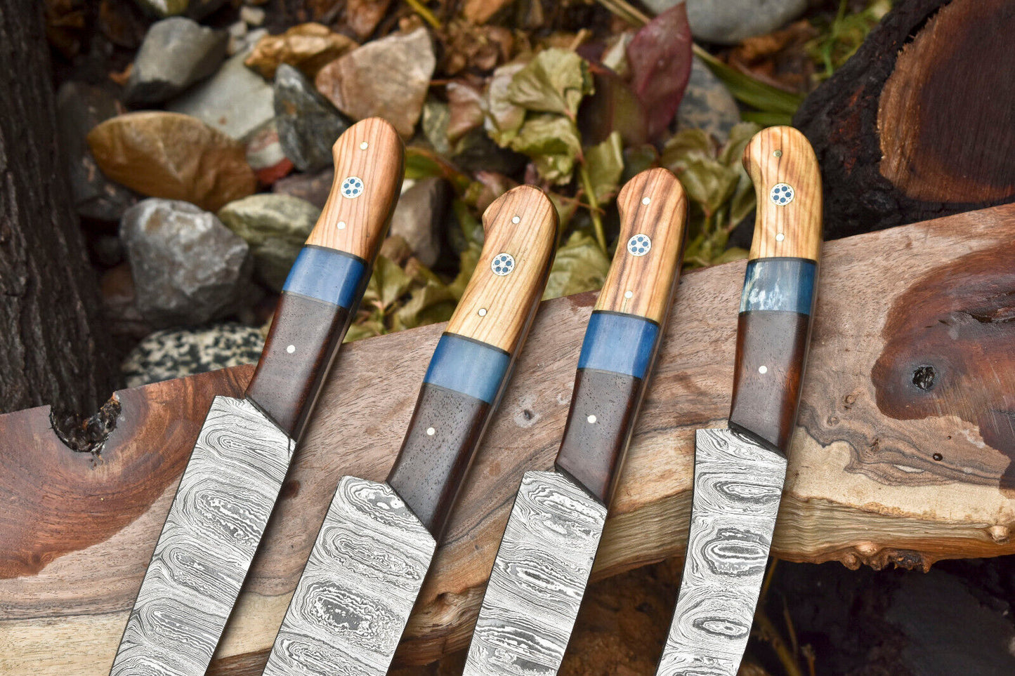 Lot of 4 Handmade Damascus Steel Chef Knife Set | Walnut Wood Handle | Professional Kitchen Knives