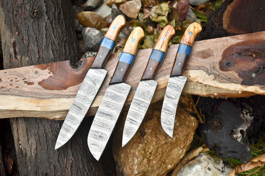 Lot of 4 Handmade Damascus Steel Chef Knife Set | Walnut Wood Handle | Professional Kitchen Knives