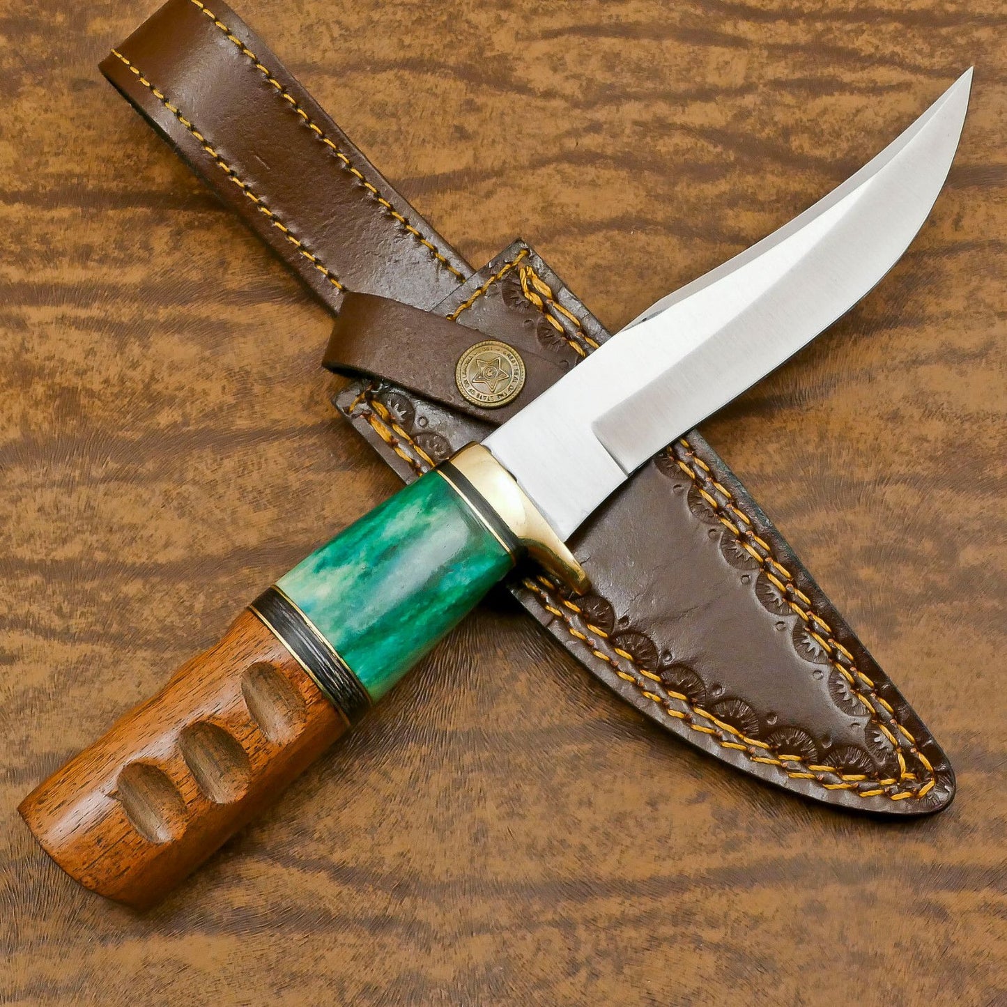 Handmade 12 Inch D2 Steel Bowie Camping Hunting Knife – Stained Bone Handle, Full Tang Survival Blade