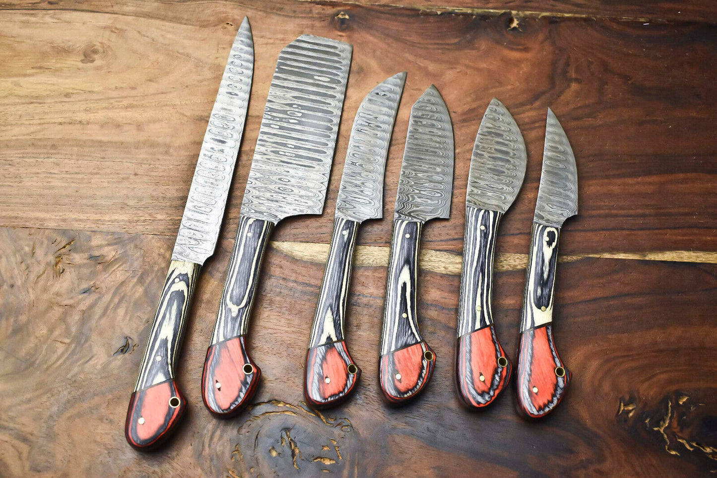 Premium 6-Piece Handmade Hammered Damascus Steel Chef Knife Set – Full Tang Kitchen Knives