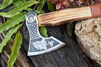 Handmade High Carbon Steel Viking Hatchet Axe | Etched Blade with Leather Wrap