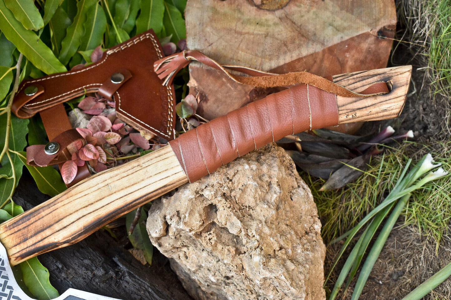 Handmade High Carbon Steel Viking Hatchet Axe | Etched Blade with Leather Wrap