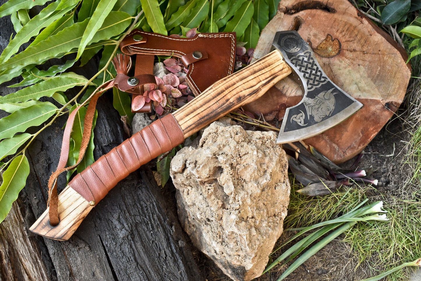 Handmade High Carbon Steel Viking Hatchet Axe | Etched Blade with Leather Wrap