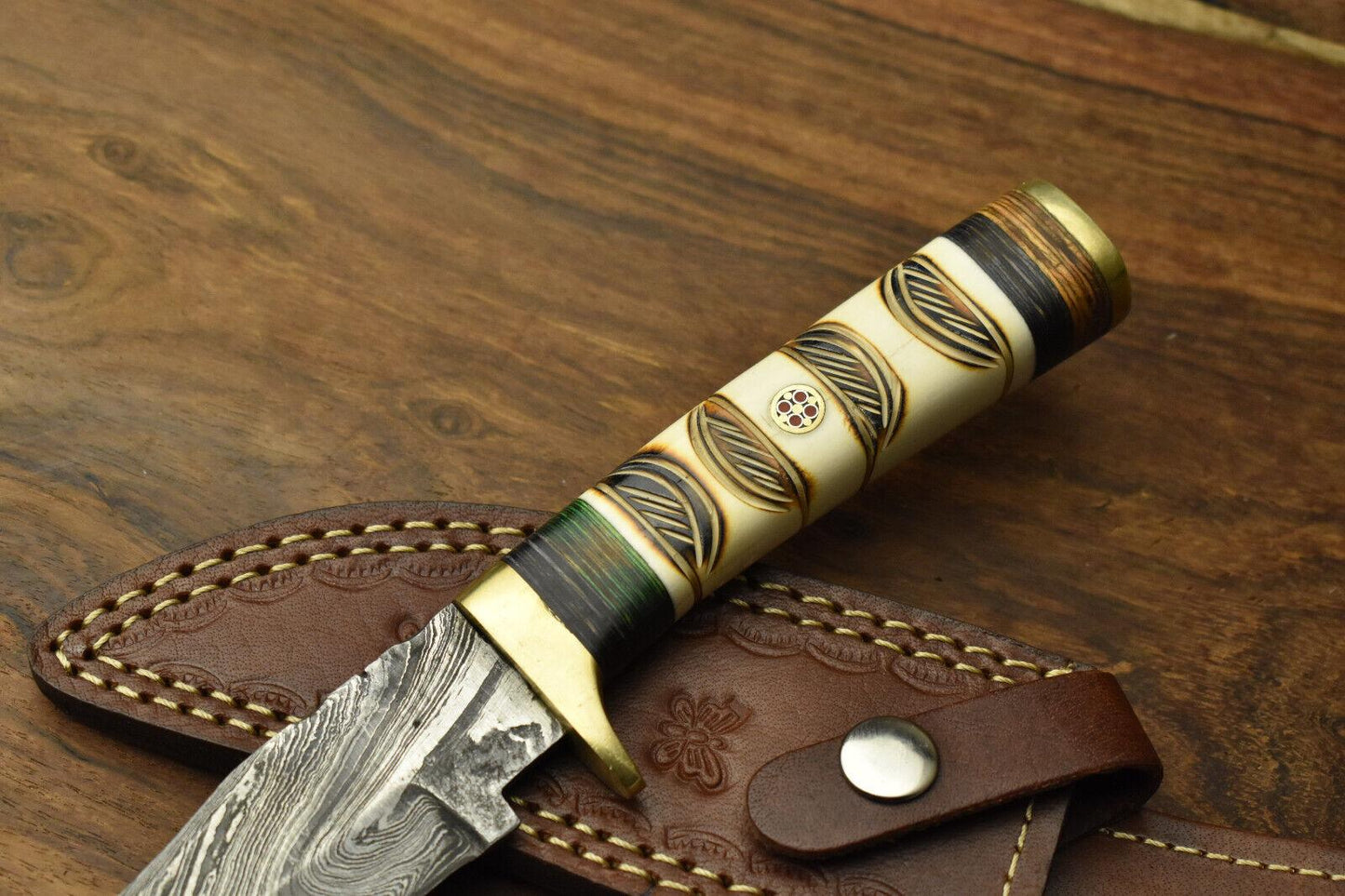 Heritage Forge Damascus Steel Bowie Knife with Camel Bone Handle for Hunting and Survival