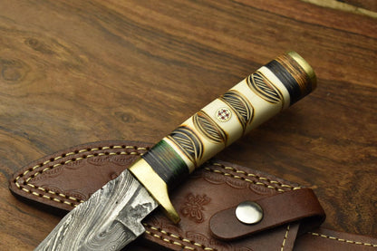 Heritage Forge Damascus Steel Bowie Knife with Camel Bone Handle for Hunting and Survival