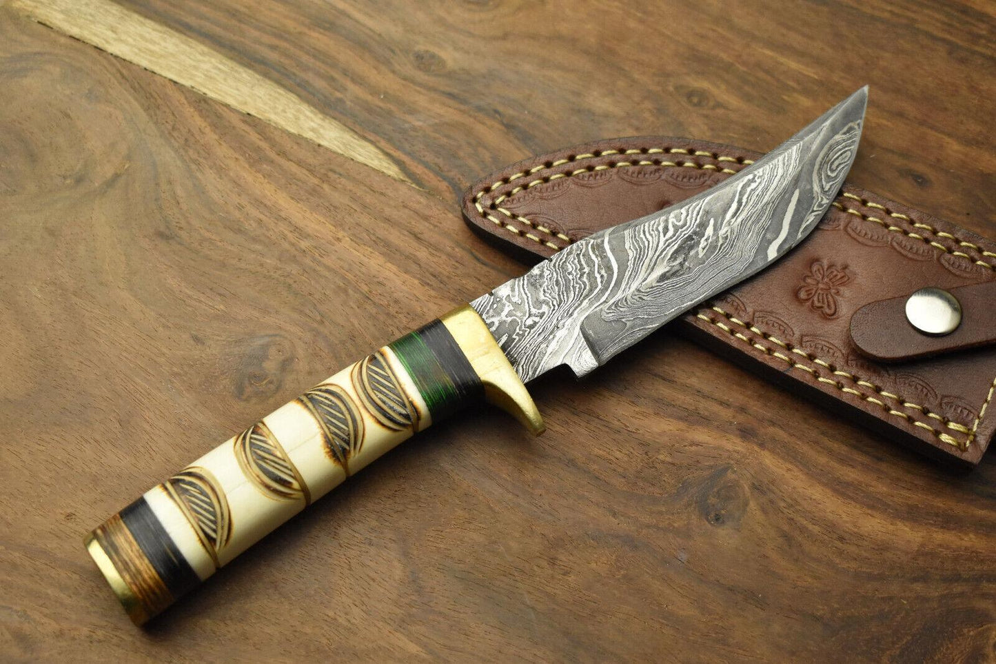 Heritage Forge Damascus Steel Bowie Knife with Camel Bone Handle for Hunting and Survival