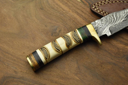 Heritage Forge Damascus Steel Bowie Knife with Camel Bone Handle for Hunting and Survival