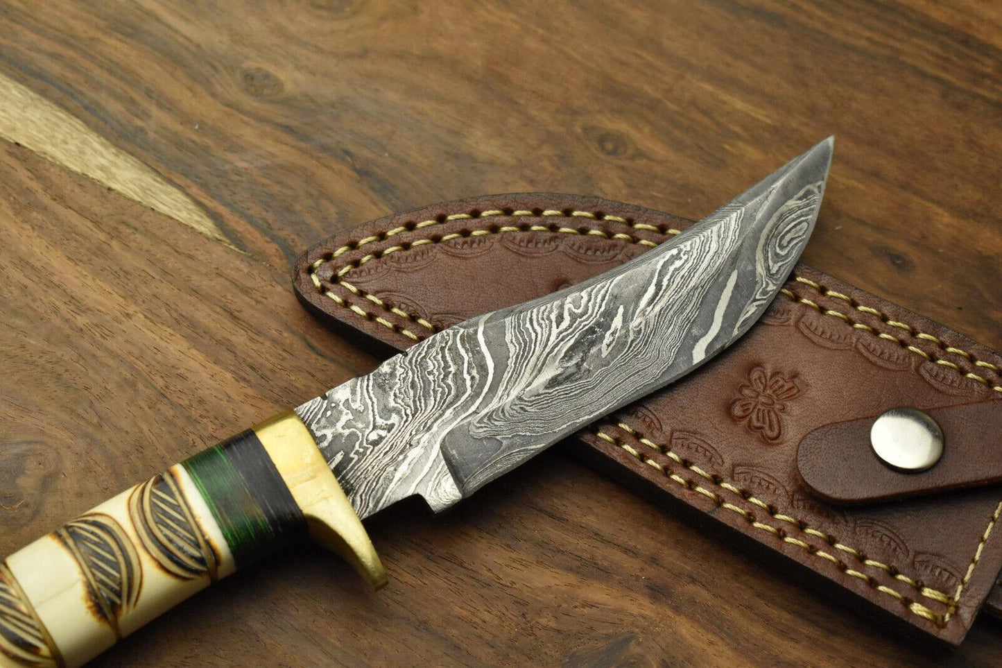 Heritage Forge Damascus Steel Bowie Knife with Camel Bone Handle for Hunting and Survival