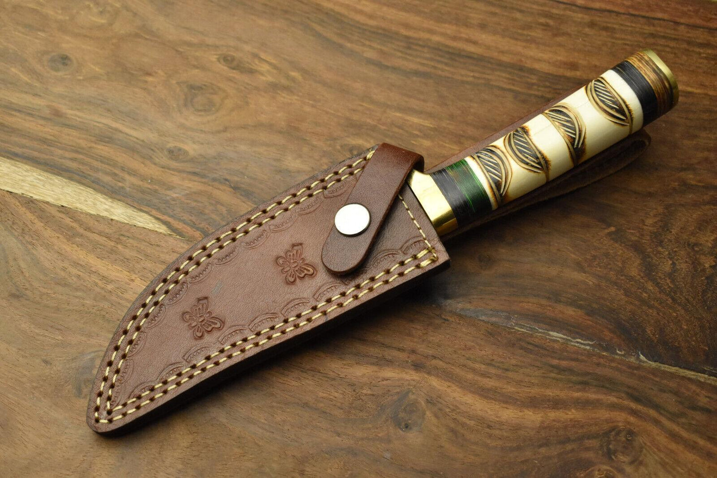 Heritage Forge Damascus Steel Bowie Knife with Camel Bone Handle for Hunting and Survival