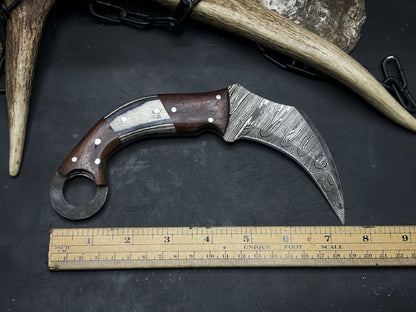 8” Handmade Damascus Karambit Knife  Wood Handle Damascus Steel Karambit