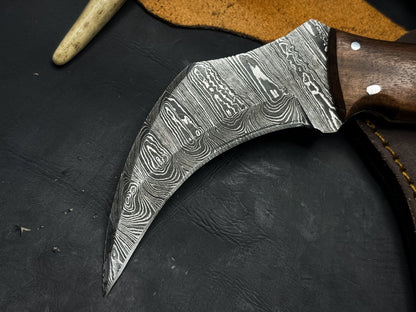 8” Handmade Damascus Karambit Knife  Wood Handle Damascus Steel Karambit