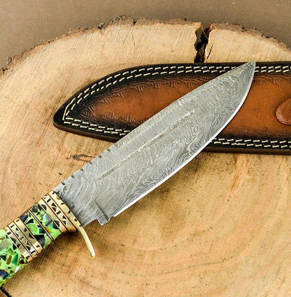 12" Handmade Damascus Steel Bowie Hunting Knife – Resin Handle Luxury EDC