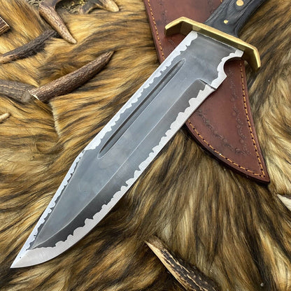 Heritage Forge 16 Inch Carbon Steel Bowie Knife with Fired Pakka Wood Handle for Hunting and Survival