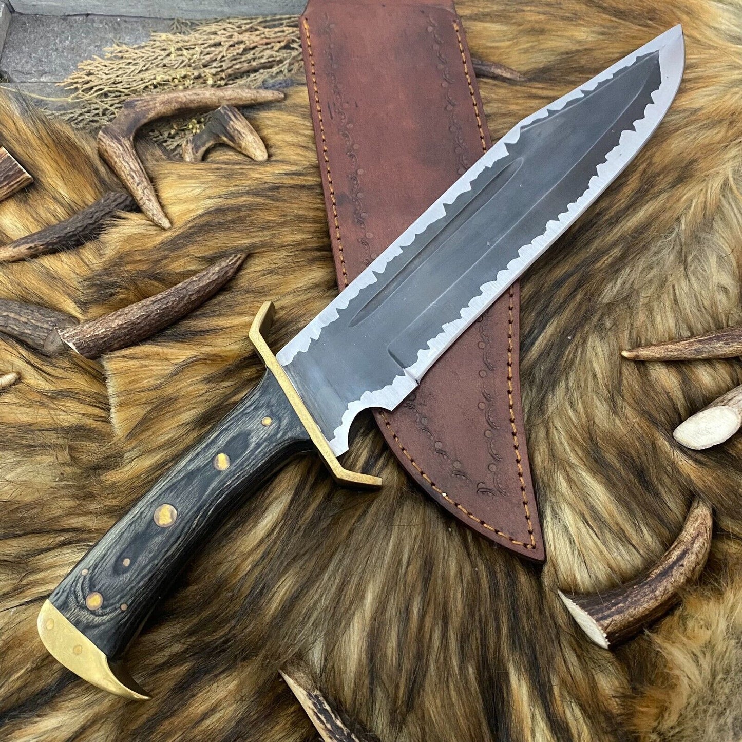 Heritage Forge 16 Inch Carbon Steel Bowie Knife with Fired Pakka Wood Handle for Hunting and Survival
